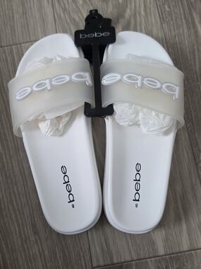 bebe White Slide Sandals with Translucent Ivory Strap